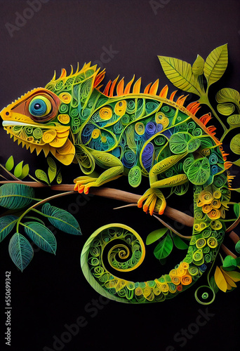 Paper Cut Design of Chameleon on Tree Branch in Rain Forest. Generative AI © Anna Hoychuk