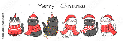 Hand drawn vector illustration cute cat for Christmas and New Year.