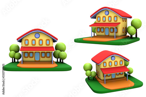 3D RENDERING PNG ILLUSTRATION Cute modern home house pastel perspective minimal cartoon graphic toy model style on isolated white background
