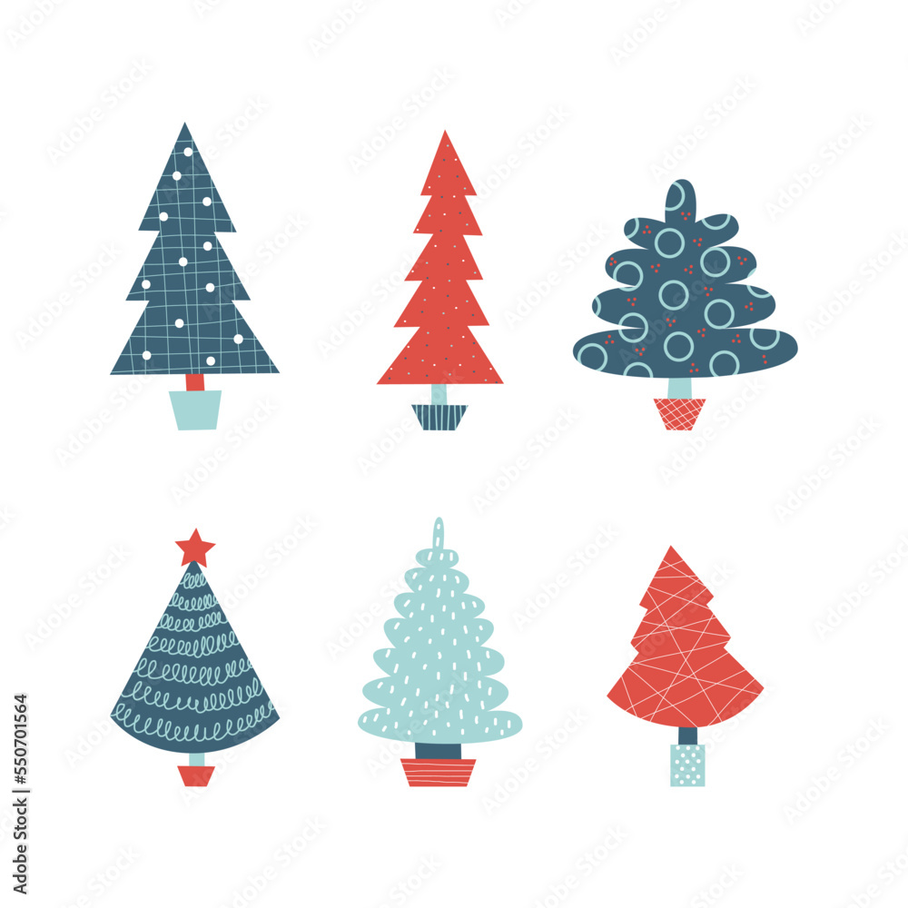 Obraz premium Christmas tree in minimalist style with new year holiday symbols. Winter forest clipart. Vector flat isolated illustration.