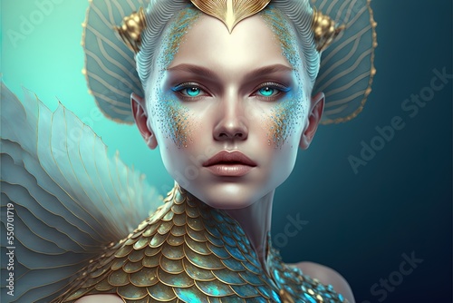 Goddess of Water in fish scale dress. Generative AI, non-existent person.