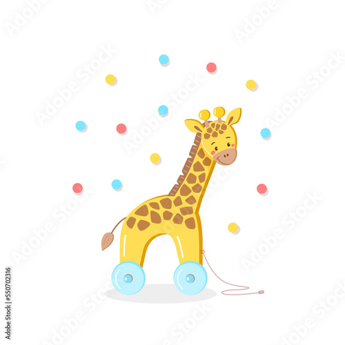 Wooden yellow giraffe on wheels on white isolated background. Cute toy for kids. Vector сhildren's illustration of africa animal with colorful confetti in cartoon style.