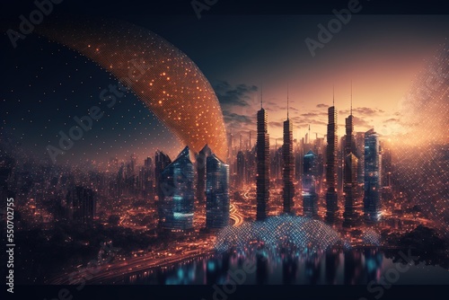 Illustration about futuristic city. Made by AI.