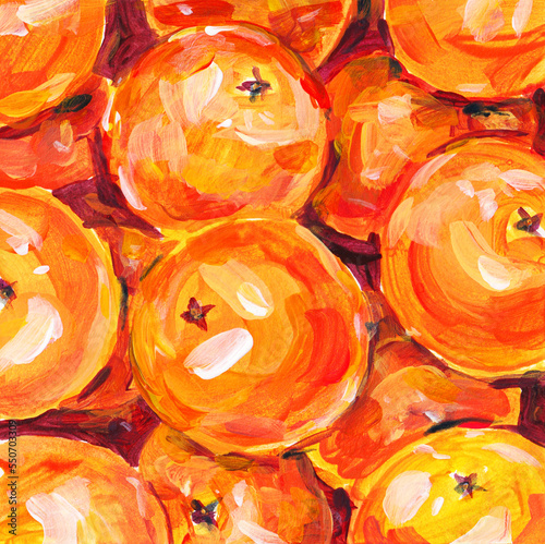 Lots of bright orange tangerines. Acrylic painting card for design and print. Hand draw contemporary artwork. Surreal stylized postcard. Fruit for the new year.