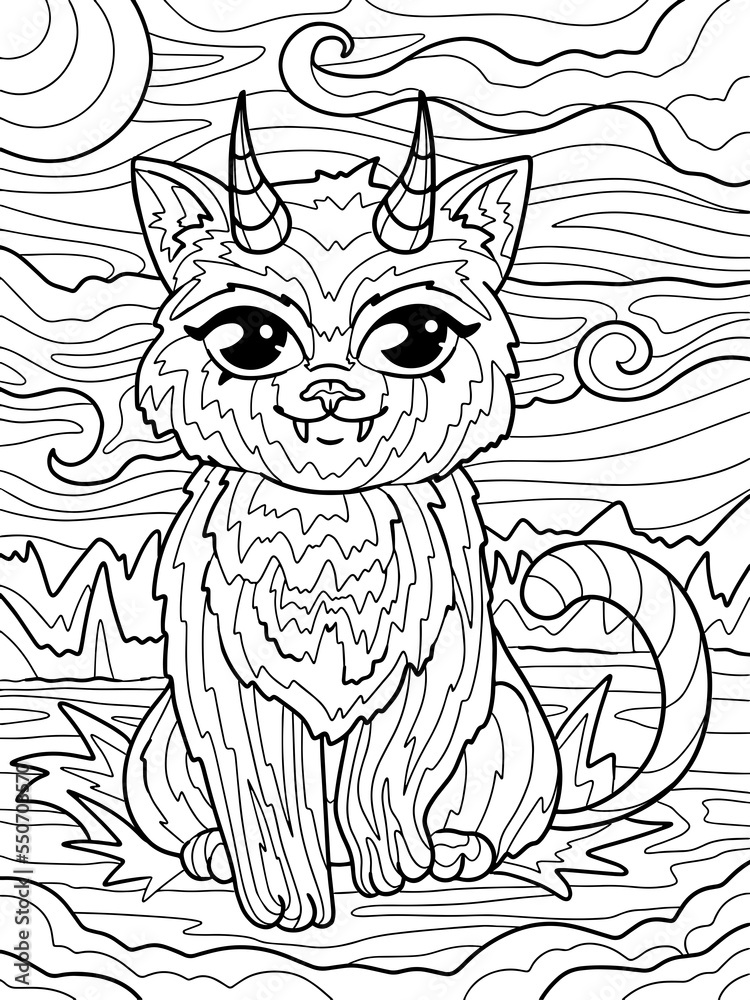 Devil Kitten, Hells Pet. Children coloring book. Freehand sketch for adult antistress coloring page with doodle and zentangle elements.