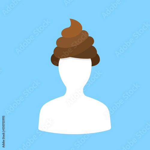 Shit, poo, turd and faeces instead of hair on the head. Person with bad, horrible and terrible haircut and hairstyle. Vector illustration.