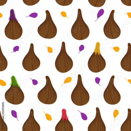 Seamless pattern with chocolate steamed modak vector illustration. Traditional Indian food. Sweet festive dumplings with colorful topping and flower petals