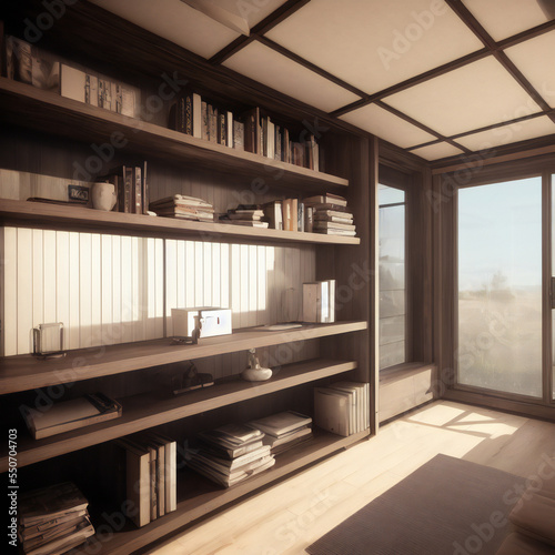 Interior room shot with bookcases of a converted shipping container home. Rustic wood design. 33 of 39