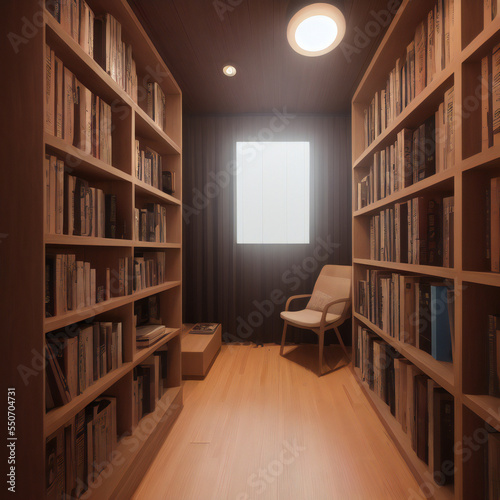 Interior room shot with bookcases of a converted shipping container home. Rustic wood design. 29 of 39