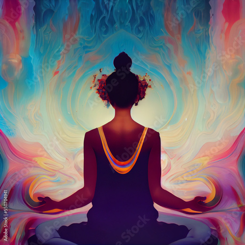 Black woman meditating, awakening, enlightenment, wonder, beautiful swirl of peaceful colors, artistic, illustration, stylized, yoga, practice, lotus pose meditating, spiritual (generative AI, AI)