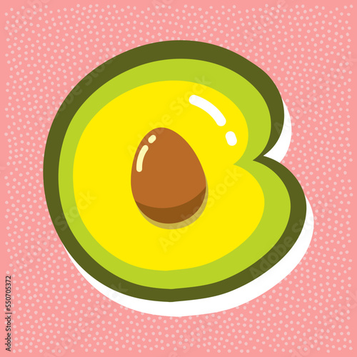 ripe avocado with pit, font abc, letter C