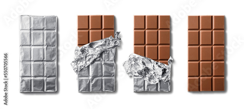 Top view of milk chocolate bar and chocolate bars in foil