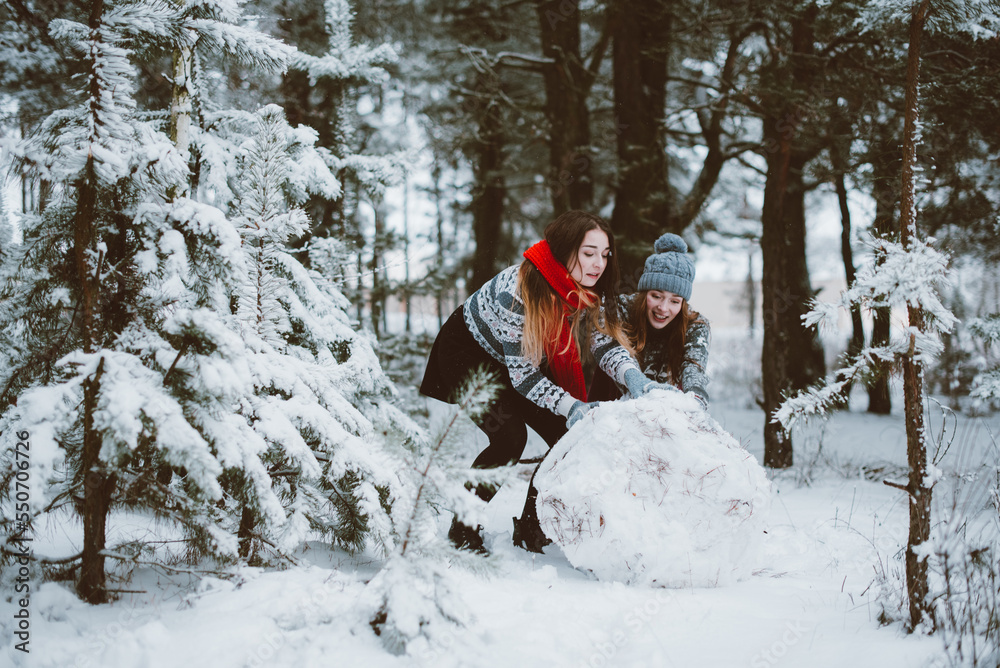 Close up fashion portrait of two sisters hugs and having fun, make snowman in winter time forest, wearing sweaters and scarfs,best friends couple outdoors, snowy weather Close up fashion portrait of two sisters hugs and having fun, make snowman in winter time forest, wearing sweaters and scarfs,best friends couple outdoors, snowy weather