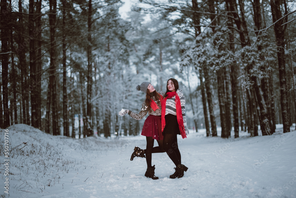 Fototapeta premium Close up fashion portrait of two sisters hugs and having fun in winter time forest, wearing sweaters and scarfs,best friends couple outdoors, snowy weather