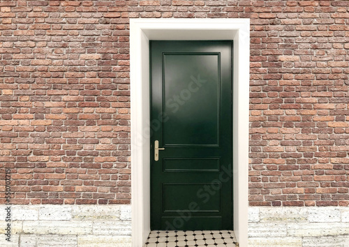 wooden door and window of the house, front view of the building