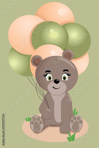 Cute teddy. Funny illustration of a bear with balloons. Baby Hare