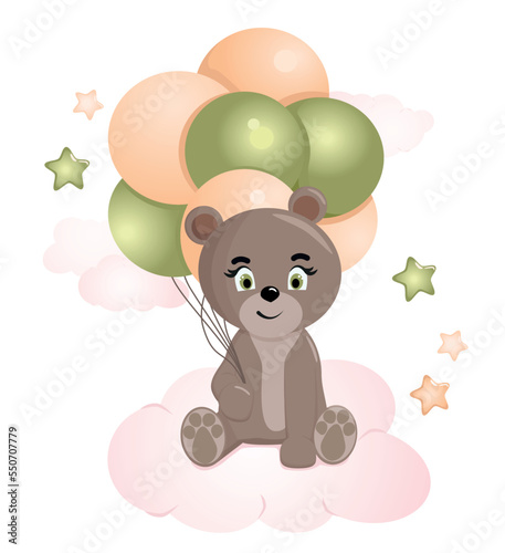 Cute teddy. Funny illustration of a bear with balloons. Baby Hare