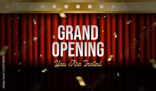 Realistic grand opening invitation with red curtains and golden confetti