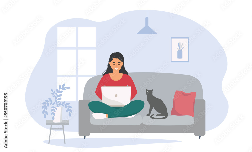A woman is sitting with a laptop at home on the couch, working remotely. The girl student is studying online. Vector graphics.
