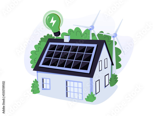 Green energy illustration set. Modern eco private house with solar energy panels and smart home technology. Charging