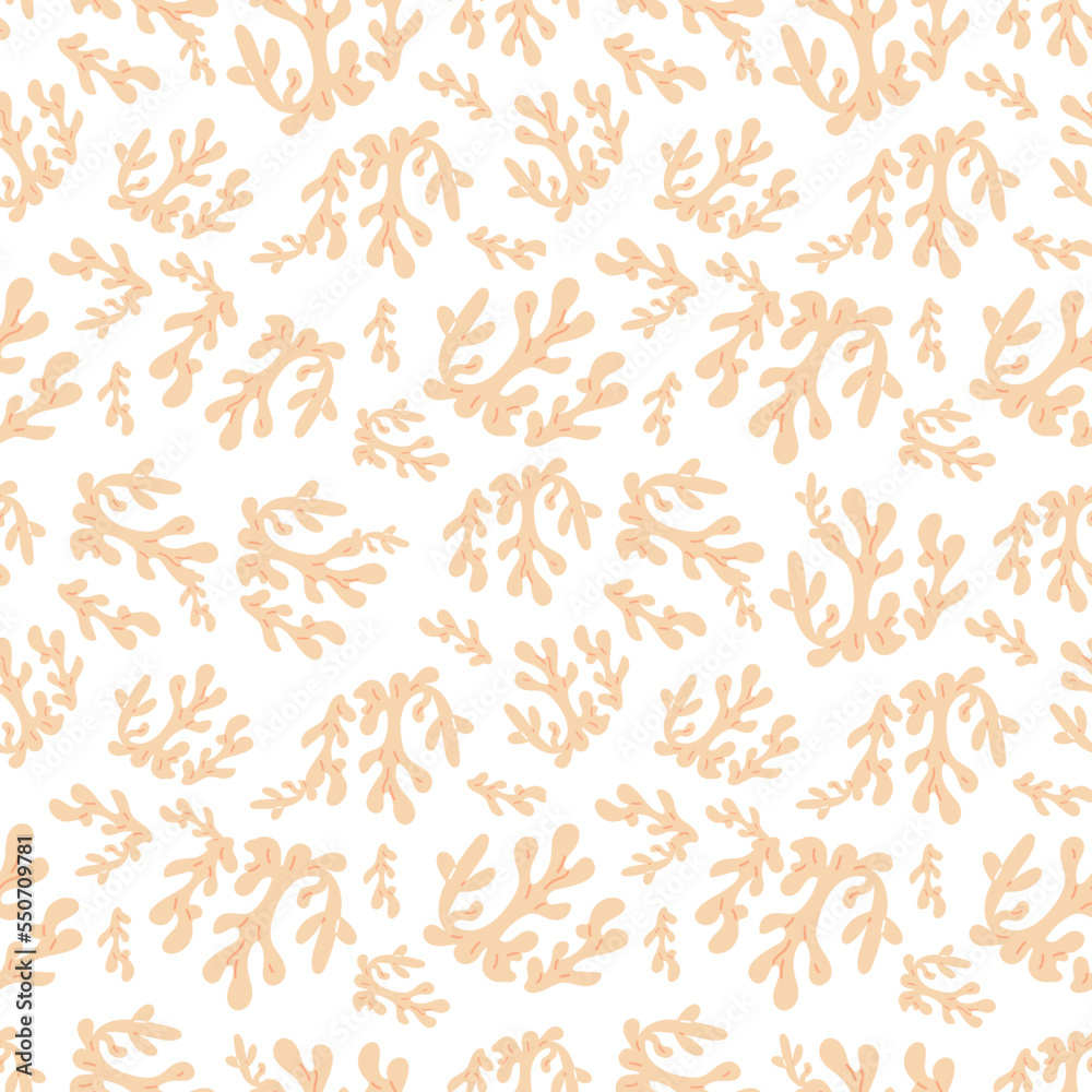 Fototapeta premium Sea seamless pattern with corals, on a white background. Background with corals . Flat colorful vector illustration. 