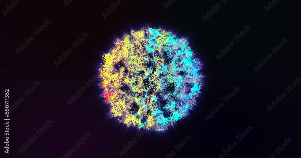 Fototapeta premium Abstract unusual beautiful bright glowing explosion of a star ball of a sphere from small multi-colored particles with rays in space background