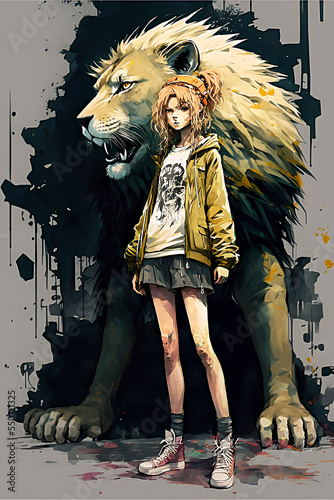 anime girl and friend the lion 