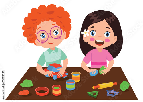 little kids and friend play with toy clay plasticine