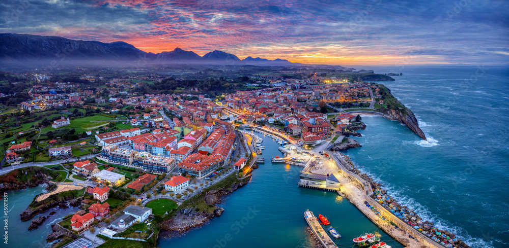 Aerial view of Llanes at sunset in Asturias.