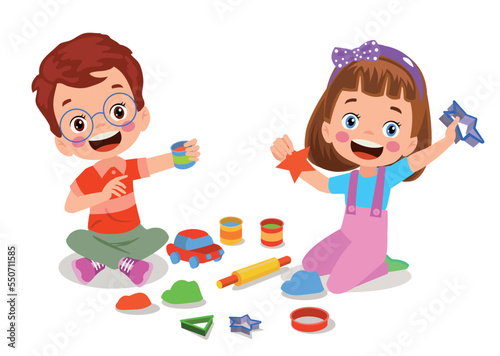 little kids and friend play with toy clay plasticine