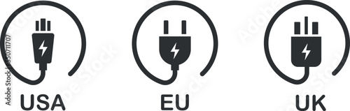 Types of socket plugs icon set. Cable plugs type usa, uk, eu illustration symbol. Sign electric plug vector flat. photo
