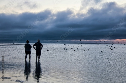 Canvas Print Silhouetted couple standing on a Cape Cod Bay beach at sunset during low tide watching the birds and darkening clouds on the horizon