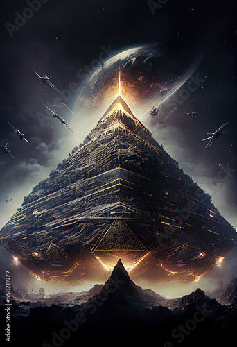 Fototapeta a giant pyramid floating with fire runes, several ships, alien invasion, dark sk