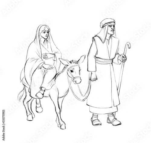 Pencil drawing. Joseph and Mary go to Bethlehem