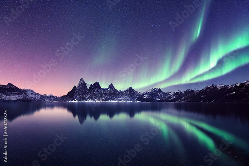 Obraz na płótnie Beautiful Polar Lake Landscapes, Snowy Mountains, Starry Night, Aurora Night