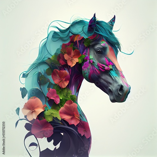Double exposure of a horse and flower, Generative AI