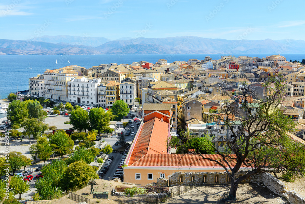 View of Kerkyra from the walls of the New Fortress. The old town of Kerkyra. The island of Corfu. Greece