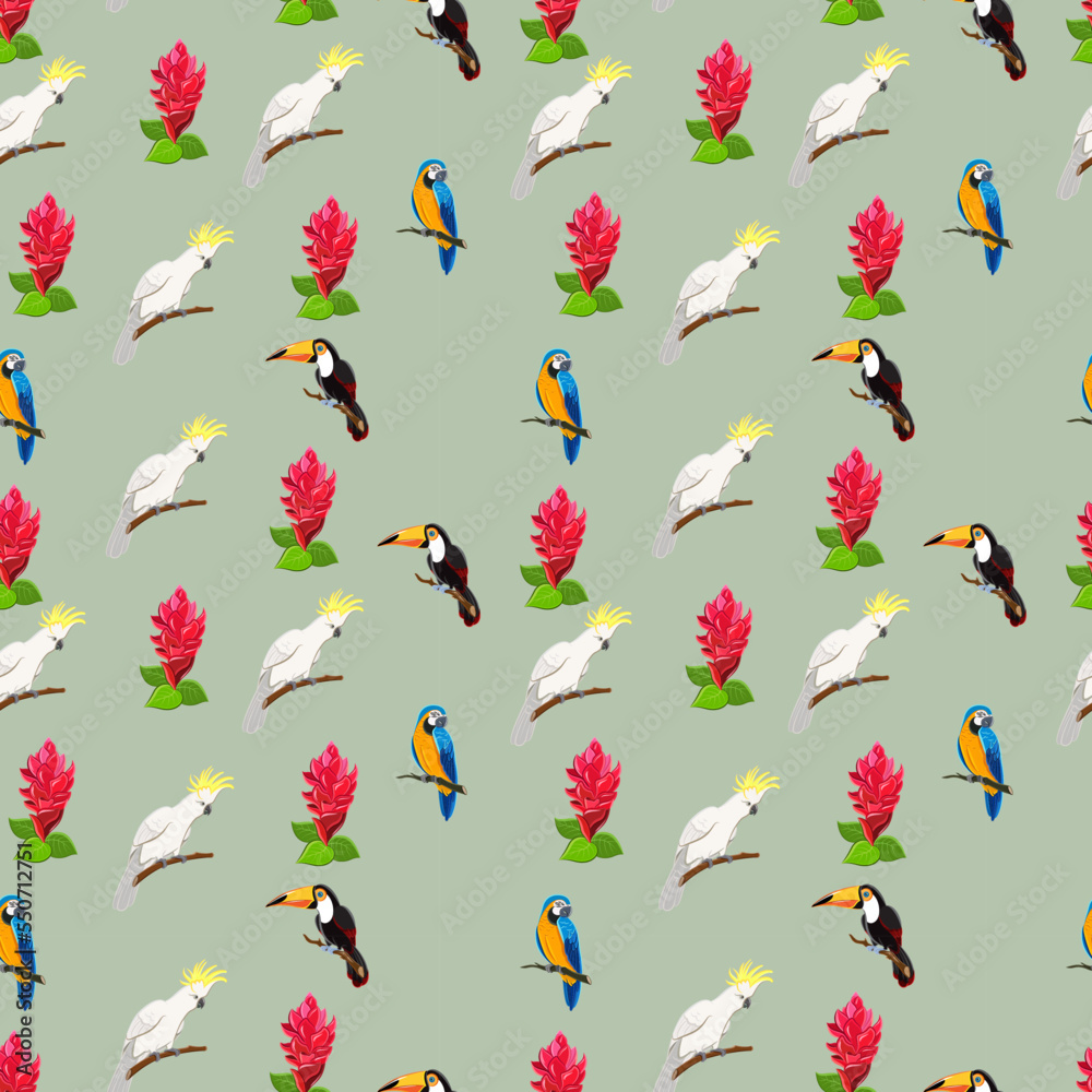 Fototapeta premium seamless pattern with parrots and toucan. colorful pattern design. pattern design background. birds pattern.