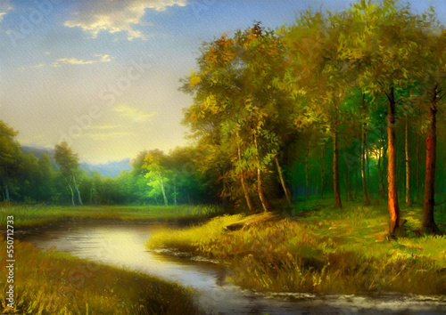 Morning in the forest, autumn landscape with a river.  © Liliia Chyzhevska
