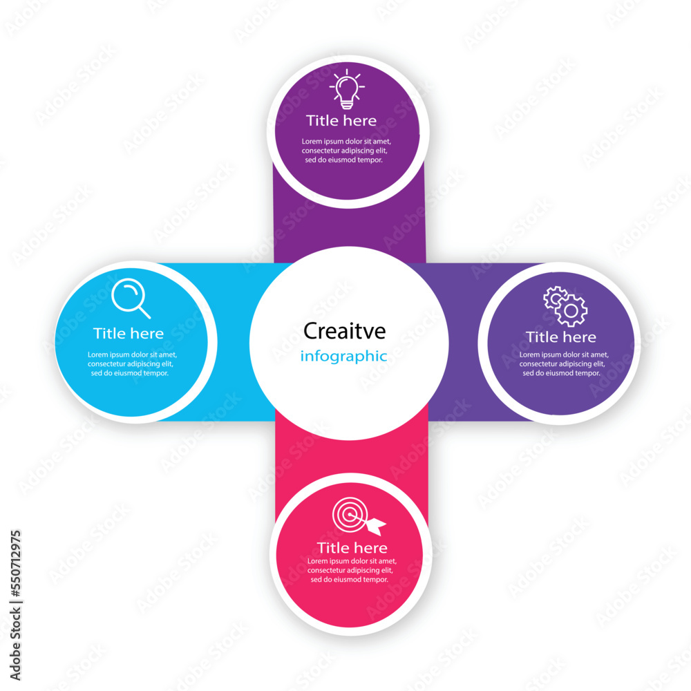 Central circle with four small circles around it. Design concept of 4 steps or parts of business cycle. Infographic design template. Business data visualization. Central circle with four small circles around it. Design concept of 4 steps or parts of business cycle. Infographic design template. Business data visualization.