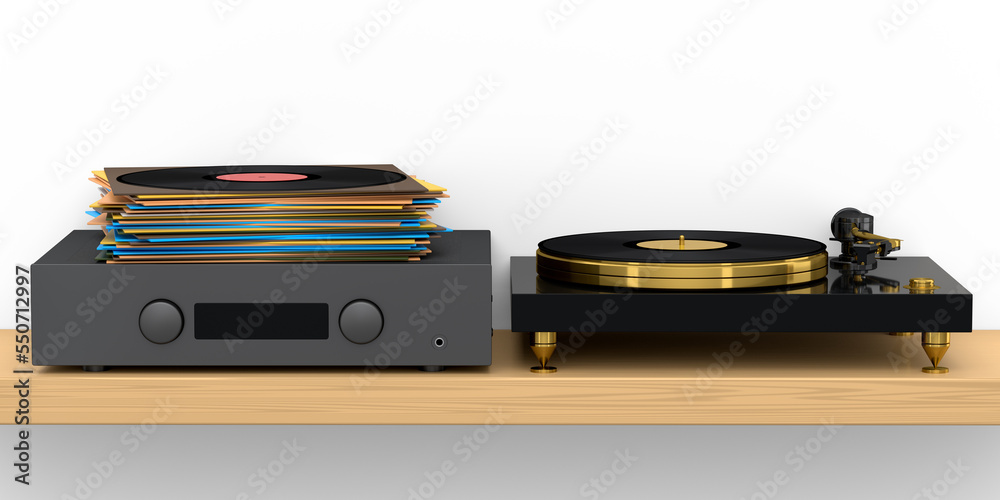 Obraz premium HiFi system with turntable and amplifier for home theater on white background.