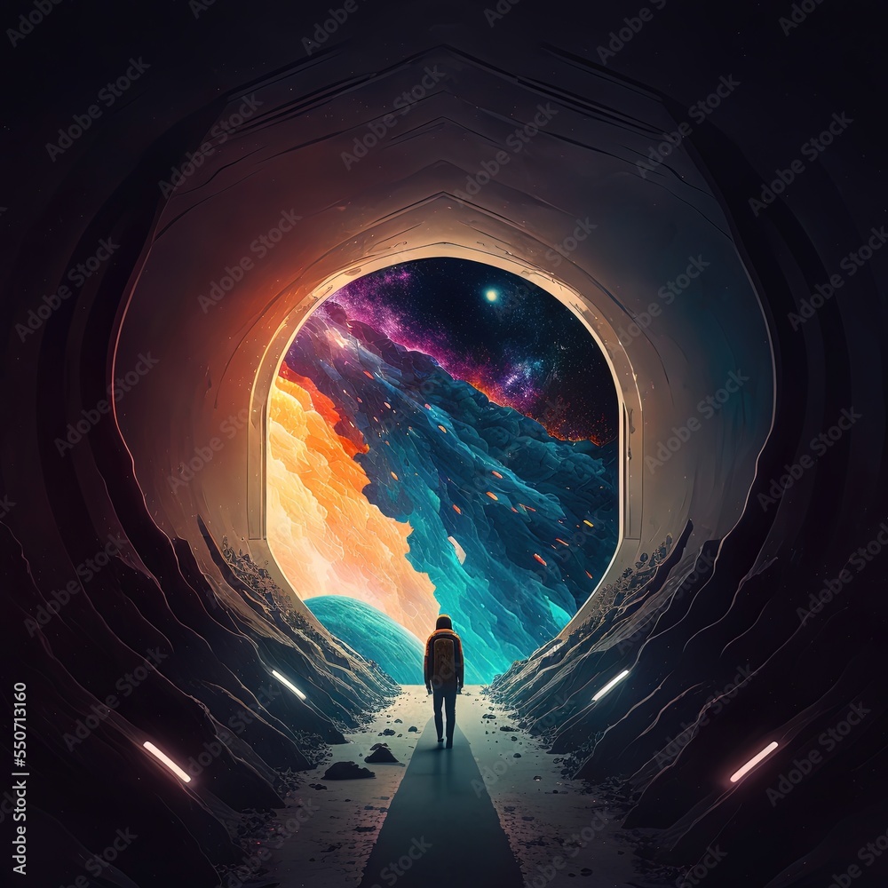 Space round tunnel to another world. Neon background. Fantasy space ...
