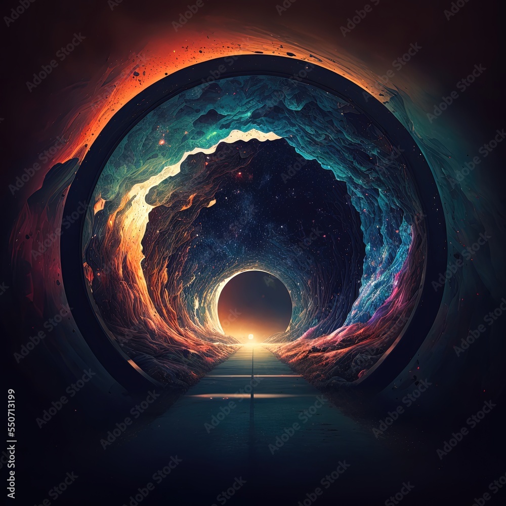Space round tunnel to another world. Neon background. Fantasy space landscape with tunnel, portal.
