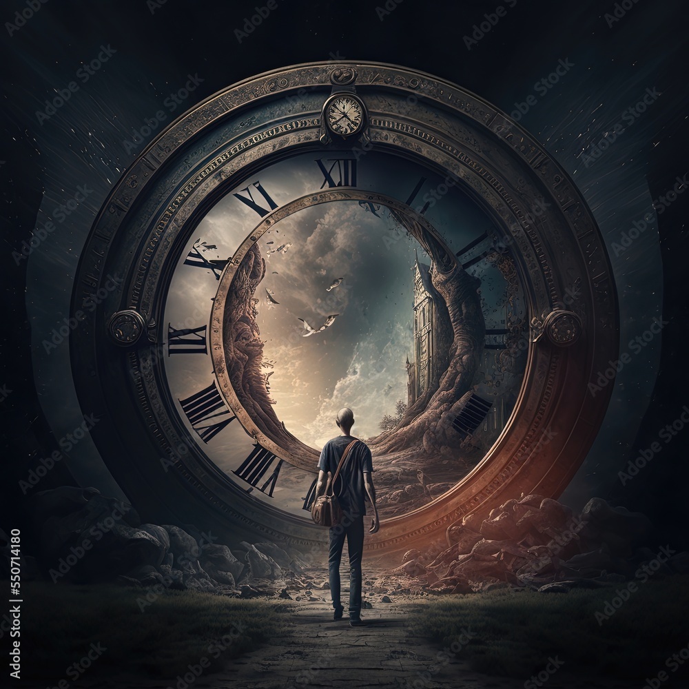 Obraz premium Fantasy temporary majestic stone portal to another world. Time Portal. Mysterious fantasy landscape, round arch, clock, noen light, night view. 