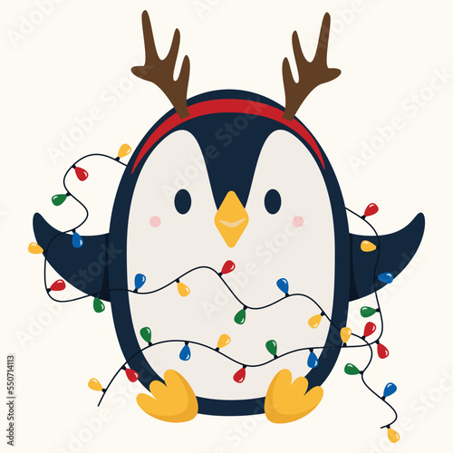 Christmas pinguin with colourful garland. Cartoon flat style