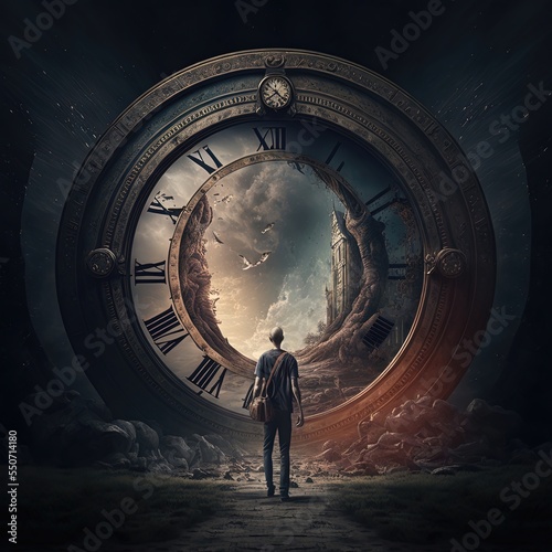 Fantasy temporary majestic stone portal to another world. Time Portal. Mysterious fantasy landscape, round arch, clock, noen light, night view.  photo