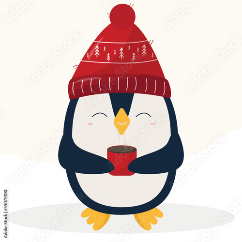 Christmas pinguin in red hat and with cup. Cartoon flat style
