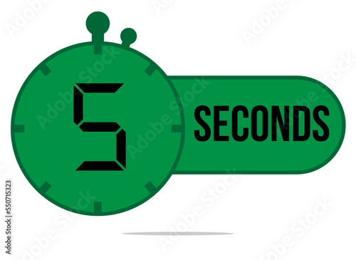 5 Seconds timer clock. Digital timer with 5 sec icon. Time measure and countdown. Chronometer green icon isolated on white background