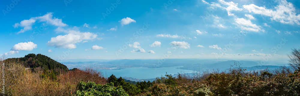 Beautiful Panorama landscape southern west side of lake Biwa (Biwako) and cityscape of Otsu-shi from a mountain top of Hieizan (Mt. Hiei), Shiga, Japan.