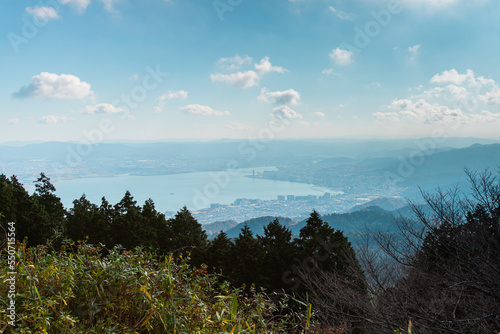 Landscape southern west side of lake Biwa (Biwako) and cityscape of Otsu-shi from a mountain top of Hieizan (Mt. Hiei), Shiga, Japan © Koshiro